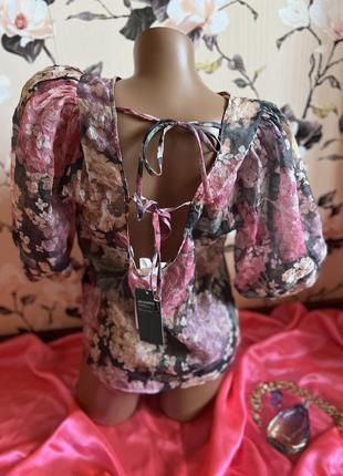 Новая блуза кофта блузка h & m hm h&m шифоновая шифонова с голой спиной з відкритою спинкою прозора в квітах в цветах принт
