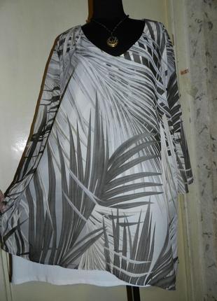 Асиметрична,2-х шарова, блузка-туніка в тропічні листочки,великого розміру,батал,janina