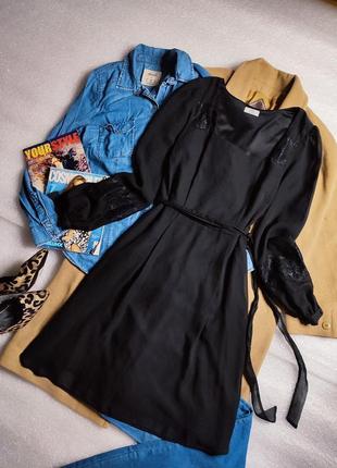 F&f платье чёрное свободное оверсайз с длинный рукавом фонариком с вышивкой классическое1 фото