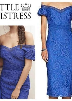 Кобальтова мереживна сукня міді little mistress мереживо синее кружевное платье футляр с открытыми плечами рукав фонарик