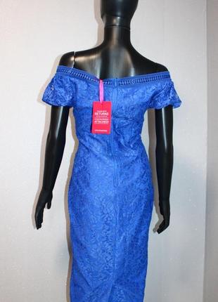 Кобальтова мереживна сукня міді little mistress мереживо синє мереживне плаття футляр з відкритими плечима рукав "ліхтарик"10 фото