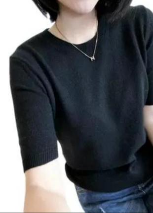 Черный классический лонгслив кофта футболка с коротким рукавом вышивка бисер шерсть1 фото