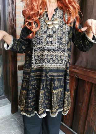 Туніка з напиленням бахромою принт візерунок в етно стилі бохо паєтки намистини блуза плаття3 фото