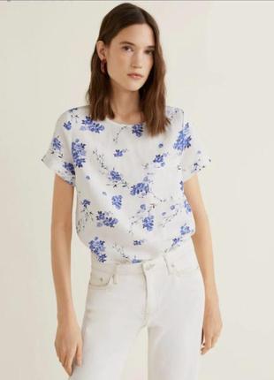 Льняная белая блуза манго цветочный принт футболка лён вискоза