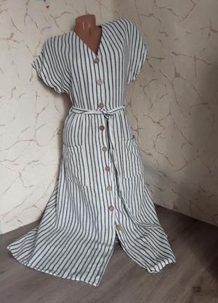 Платье сукня миди на белое в полоску лен/вискоза,46 р