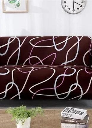 Чохли на диван тримісний накидка на резинці, готові чохли на дивани homyteх з малюнком хвиля коричневий