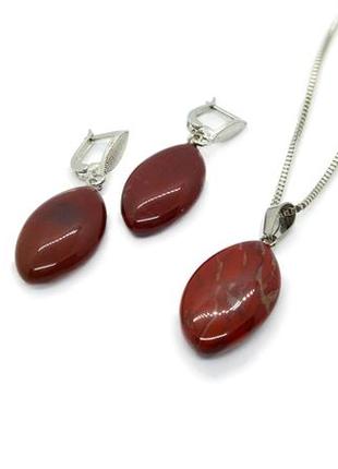 🌹💥 набір: кулон на ланцюжку та сережки натуральний камінь червона яшма