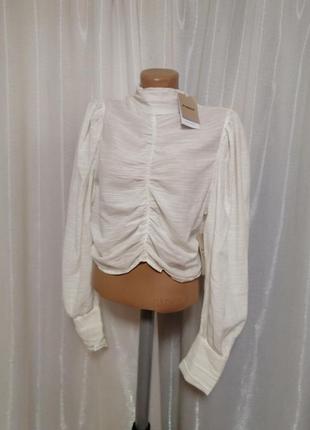 Красивая эффектная блуза рубашка из натуральной ткани льняной фактуры  пышный рукав драпировка на гр3 фото