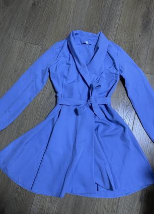 Платье голубое на запах вечернее длинный рукав мини пышное свободное3 фото