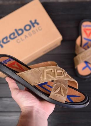Мужские кожаные  летние шлепанцы-сланцы reebok crossfit