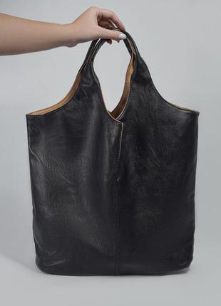 Черно-бежевый кожаный шоппер с косметичкой su3-84