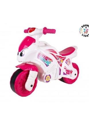 Каталка  "мотоцикл технок бело-розовый" муз. прорезиненное колесо