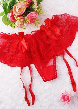 Пояс для чулок красный кружевной и стринги