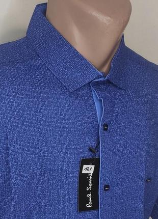 Рубашка мужская с коротким рукавом батальная paul smith vk-0121 синяя в принт стрейч коттон турция, тенниска7 фото