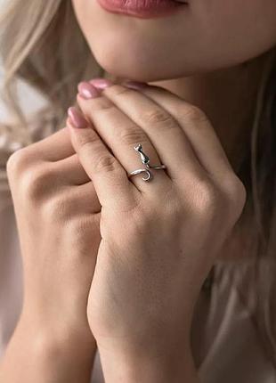 Набор кот кольцо серьги серебро покрытие комплект колечко серёжки