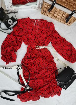 Трендовое красное платье стяжка рукав фонарик 11723 фото
