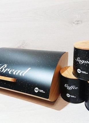 Хлебница из бамбука и металла с баночками для сыпучих продуктов 3 шт. zepline zp-042 черная
