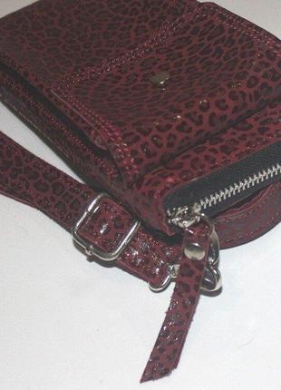 Сумочка, клатч, кошелёк через плечо кожаный бордо леопард8 фото