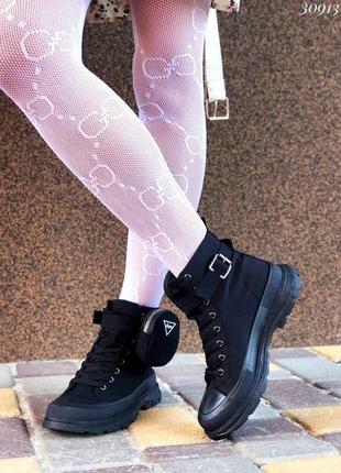 Чёрные высокие кеды на платформе кроссовки ботинки с сумкой кошельком с ремешками4 фото