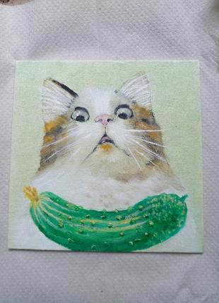 Картина "несподівана зустріч)" мініатюра олія кіт огірок
