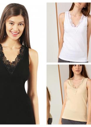 Майки хлопковые с кружевом, ozkan туречна, 100% хлопок, белые, черные, бежевые