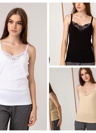 Майки бавовняні з мереживом, ozkan туреччина, 100% бавовна, білі, чорні, бежеві
