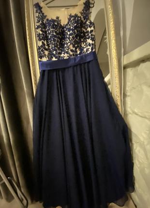 Платье вечернее в пол темно синего цвета с макраме5 фото