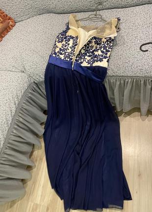 Платье вечернее в пол темно синего цвета с макраме8 фото