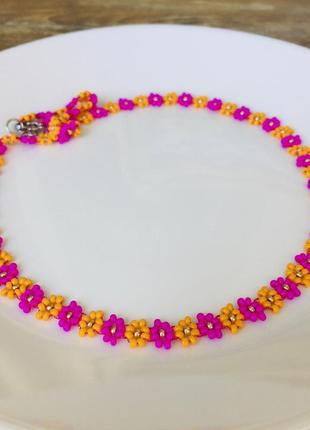 Розово-оранжевый цветочный чекер из бисера, бисерное ожерелье цвета фуксии2 фото