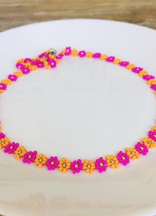 Розово-оранжевый цветочный чекер из бисера, бисерное ожерелье цвета фуксии3 фото