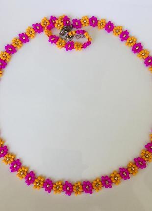 Розово-оранжевый цветочный чекер из бисера, бисерное ожерелье цвета фуксии10 фото