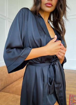 Пижама и халат шелк армани черный чорний піжама шовк комплект набір4 фото