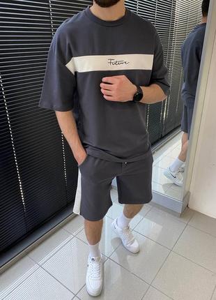 Комплект чоловічий футболка шорти сірий туреччина / костюм чоловічий футболка шорти сірий