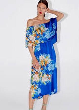 Zara яркое летнее платье миди в цветочный принт