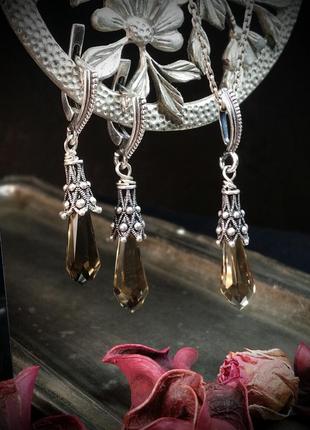 Серебряные серьги и кулон с дымчатым кварцем рауктопаз 925
