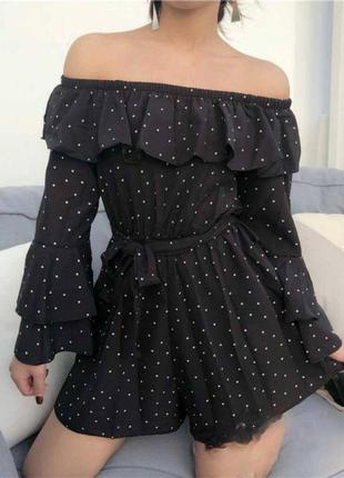 Легкий чорний комбінезон в горошок з поясом софт комбез річний красивий модний трендовий