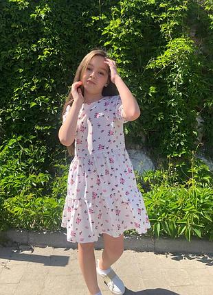 Летнее платье в цветочки для девочки размеры 134, 140, 146, 152, 158