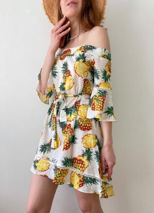 Літня сукня зі спущеною лінією плеча в принт ананаси4 фото