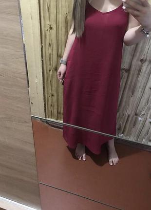 Натуральное платье, сарафан, платье макси на бретельках с разрезом и кружевом фуксия