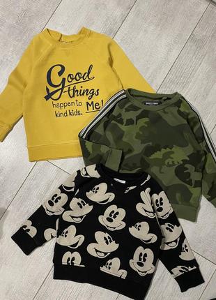 Свитшот некст h&m без байки двухнитка микки динозавры желтый хаки чёрный реглан