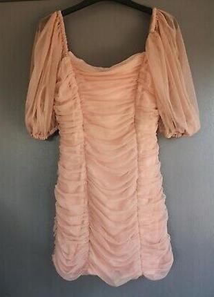 Новое!зефирное платье –сетка со сборкой и объемными рукавами в цвете пудры3 фото