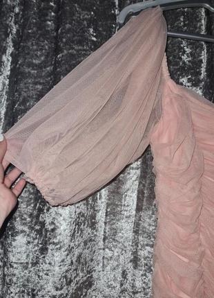 Новое!зефирное платье –сетка со сборкой и объемными рукавами в цвете пудры5 фото