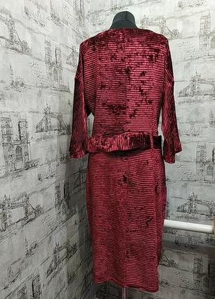 Красное бордовое велюровое в полоску платье, по фигурке, тянется  юбка с карманами с блеском3 фото