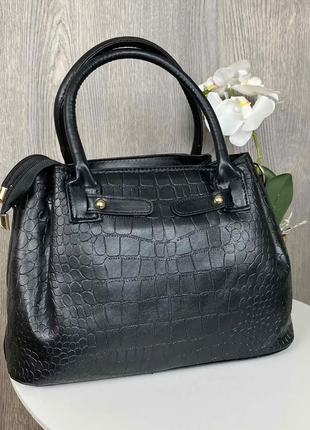 Женская черная сумка набор + клатч косметичка 2 в 1 под рептилию, сумочка на плечо в стиле рептилии3 фото