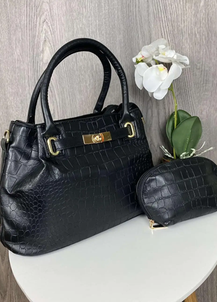 Женская черная сумка набор + клатч косметичка 2 в 1 под рептилию, сумочка на плечо в стиле рептилии5 фото