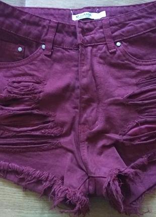 Джинсовые шорты с высокой посадкой цвет марсала с-ка