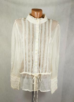Шелковая ажурная блузка кружево на завязках пуговицах белая