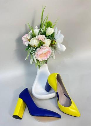 Эксклюзивные туфли лодочки итальянская кожа голубые жёлтые7 фото