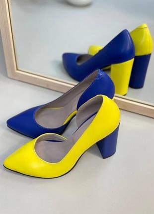 Эксклюзивные туфли лодочки итальянская кожа голубые жёлтые2 фото
