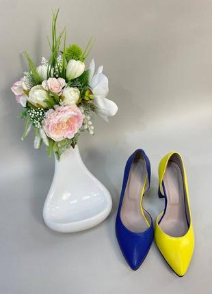 Эксклюзивные туфли лодочки итальянская кожа голубые жёлтые8 фото